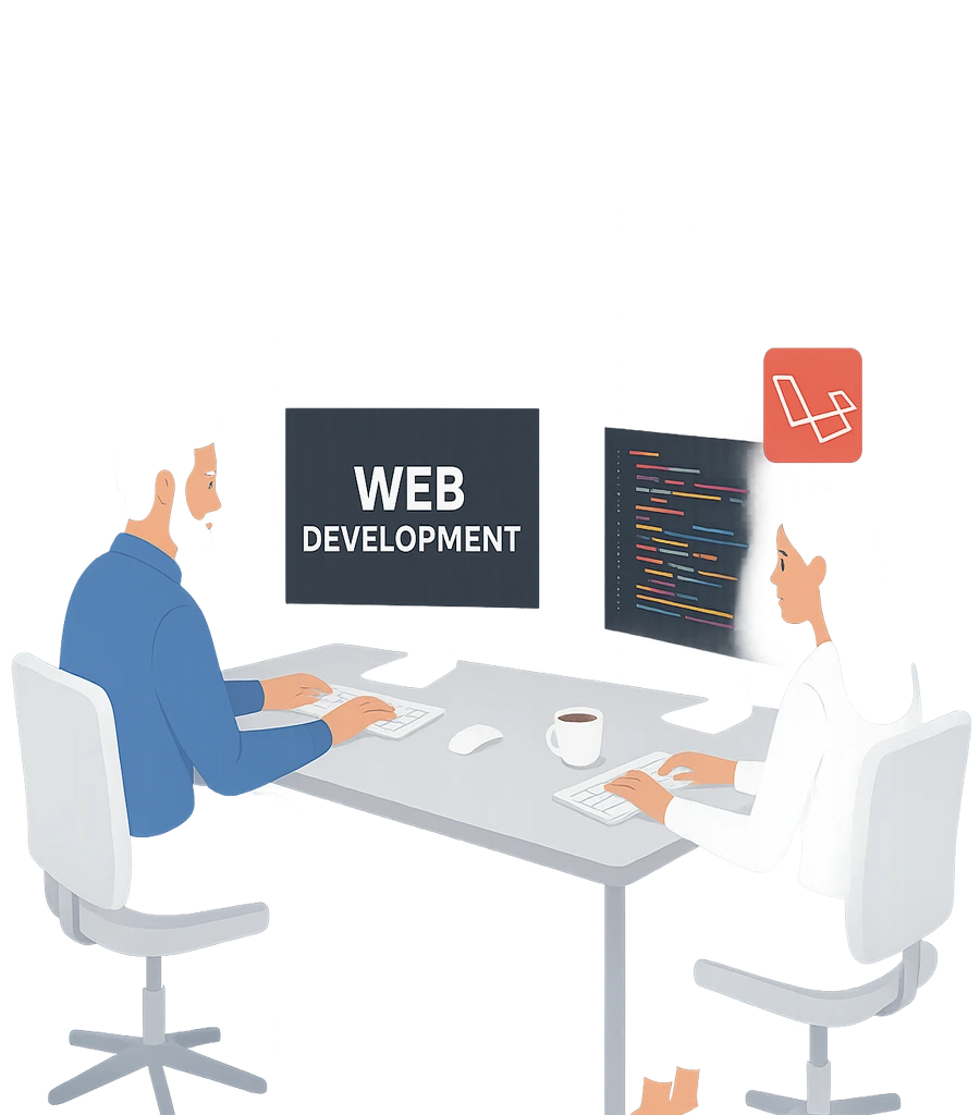 A team of developer and designer working together, symbolizing our collaborative approach to building websites.